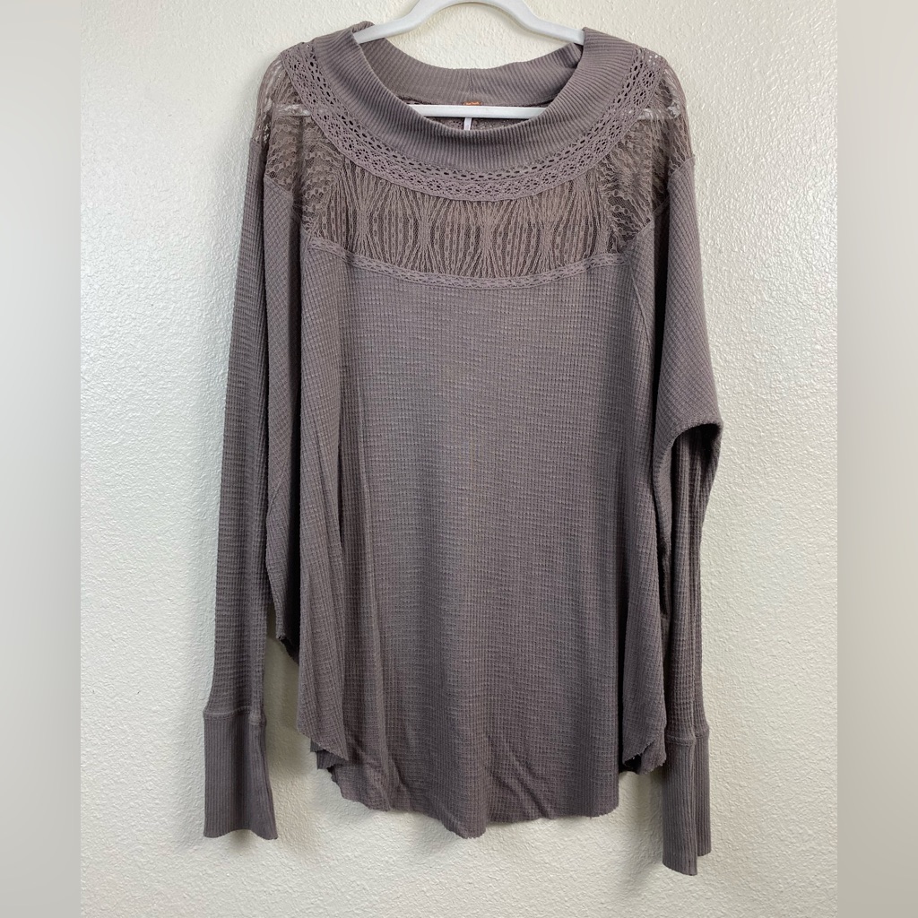 Free People Waffle Knit Thermal Brown Sweater Women’s Large Lace Fall Oversized